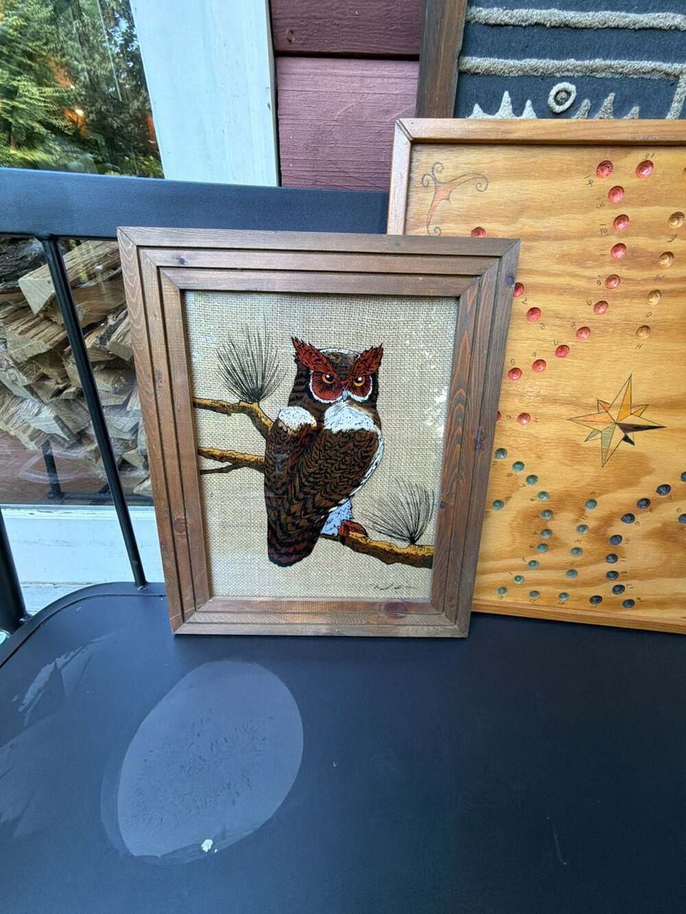Vintage 1970s Reverse Glass Painting of a Great Horned Owl on Burlap
